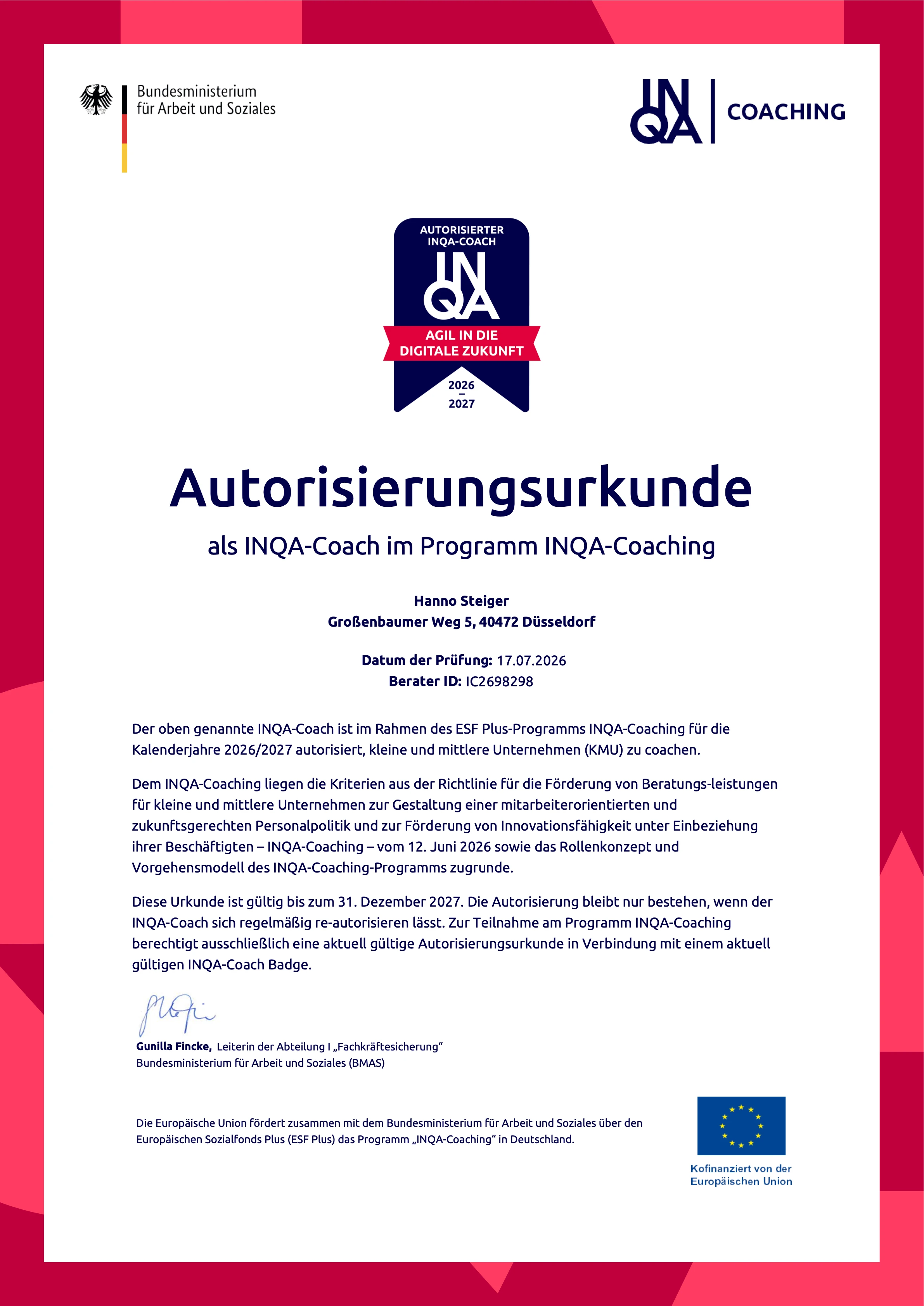 Autorisierungsurkunde Hanno Steiger im Programm INQA-Coaching